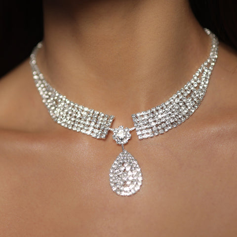 Rhinestone Water Drop Earrings & Necklace Jewelry Sets