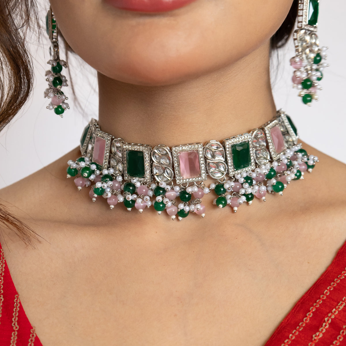 Premium quality silver plated choker with mangtika & earring