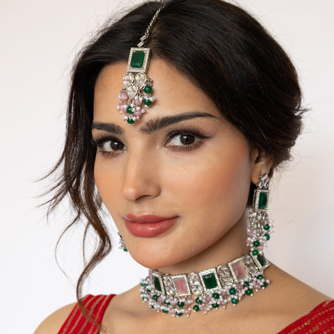 Premium quality silver plated choker with mangtika & earring