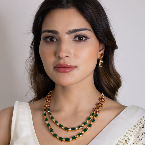 Double Liner Temple Jewellery with Small Earrings Matte Finish