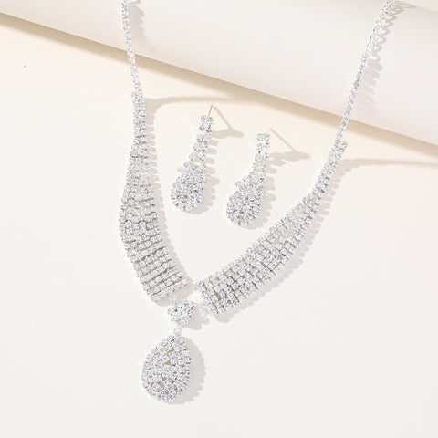 Rhinestone Water Drop Earrings & Necklace Jewelry Sets